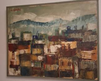 mid-century modern oil painting of a cubist-inspired cityscape