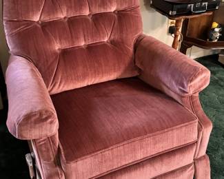 vintage dusty rose velvet swivel rocker chair with tufted upholstery
