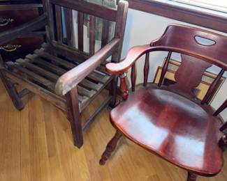 teak chair on left, captain's chair on right