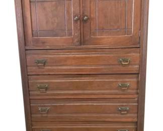 Wood Chest Of Drawers On Wheels With Two Cabinet Doors On Top