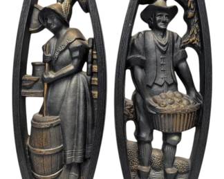 Two Farm Chalkware Wall Hangings  Butter Churn Woman  Harvest Man