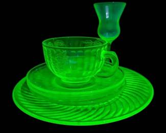 Uranium Glass Plates, Mug,  Wine Goblet