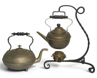 Two Brass Teapots  One With Iron Holder And Burner