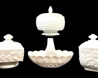 Hobnail Milk Glass Lidded Bowl, Milk Glass Candy Dishes,  Basket