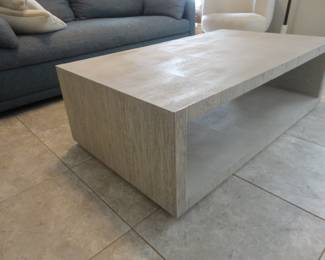 Palecek Square Coffee Table - bleached/textured wood. Light clean look. Lower shelving for storage or display. 54wx32dx18h