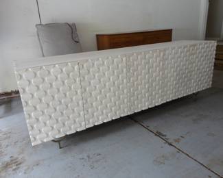 Rio Media Console - Round Cut White Wash w/ Gold Accent Feet. Available for Presale