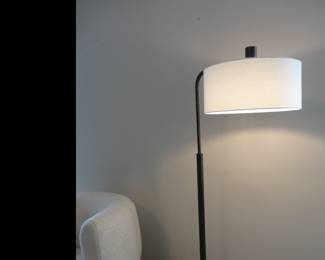 Mitchell Floor Lamp - bronze steel foundation and white alabaster column/white linen drum shade.
