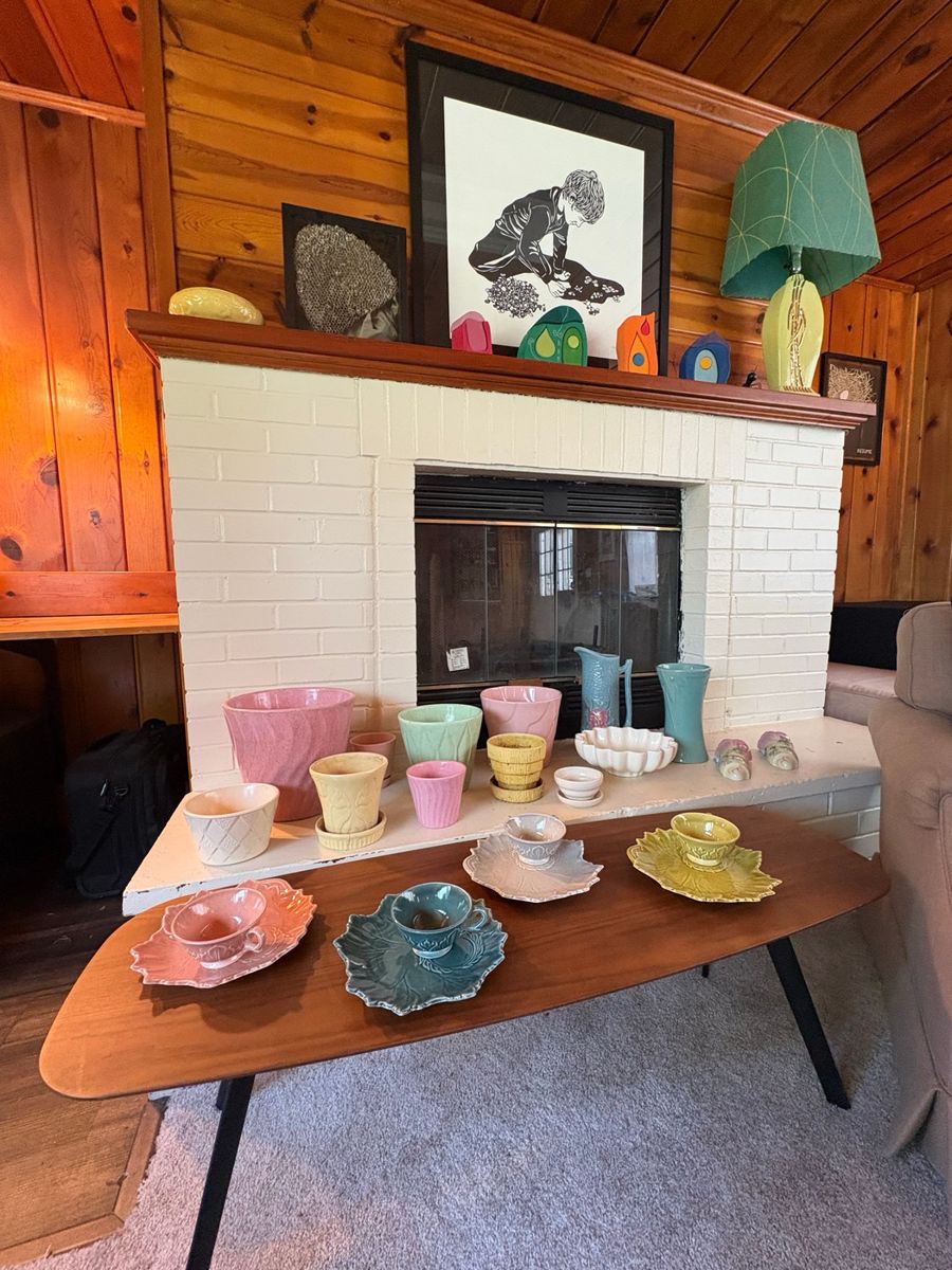 Mid-Century Modern Leaf Motif Tea Set and Planters