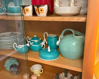 Mid-Century Modern Melmac Dinnerware Set with Owl Mugs and Floral Plates