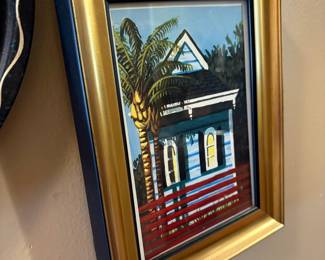 Framed Painting of a Coastal House with Palm Tree by J. Barrett