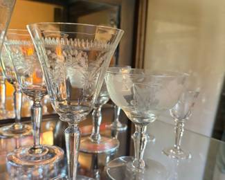 Etched Crystal Wine Glasses and Coupe Set