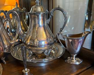 Silver Plated Coffee Pot, Creamer, Sugar Bowl, Tray, and Bell Set