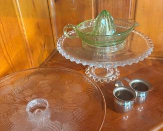 Vintage Green Glass Citrus Juicer with Pedestal Stand and Two Small Metal Creamers
