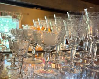 Set of Etched Crystal Wine Glasses and Cordial Glasses