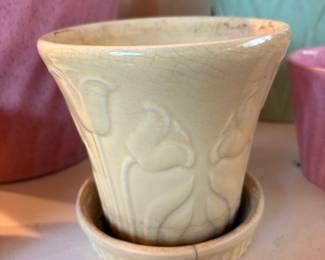 Yellow McCoy Pottery Planter with Floral Embossing and Saucer
