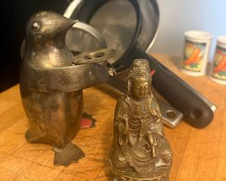 Vintage Brass Kwan Yin Statue and Pewter Penguin Figurine
