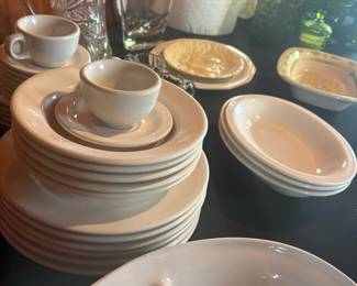White Ceramic Dinnerware Set with Assorted Glassware and Crystal Pitcher