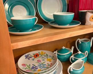 Vintage Turquoise and Floral Ceramic Dinnerware Set