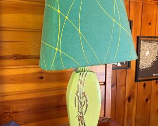 Mid-Century Ceramic Table Lamp with Bamboo Relief and Geometric Fiberglass Shade