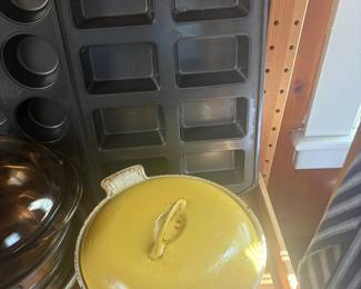 Wilton 6-Cavity Mini Loaf Pan and Descoware Belgium Yellow Dutch Oven