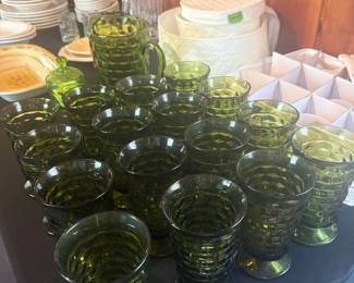 Vintage Indiana Glass Whitehall Avocado Green Pitcher and Tumblers Set