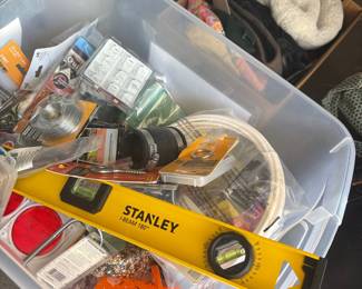 Assorted Hardware and Tools Collection with Stanley I-Beam Level