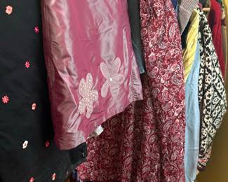 Women's Clothing Assortment with Embroidered and Appliquéd Jackets, Paisley Dress/Skirt, and Patterned Sweater