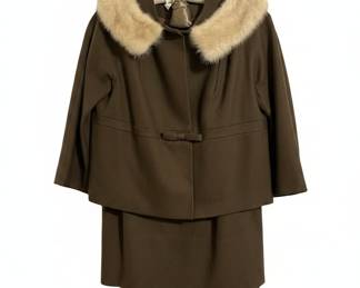 Vintage 1950s-1960s Olive Green Wool Suit with Mink Fur Collar