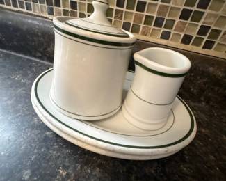 White Porcelain Sugar Bowl and Creamer Set with Green Trim - Tuxton Green Bay