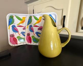 Retro Bird Print Metal Trays and Yellow Ceramic Pitcher Set
