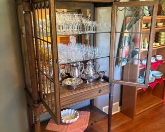 Vintage Dark Wood Display Cabinet with Silver-Plated Tea Set and Glassware