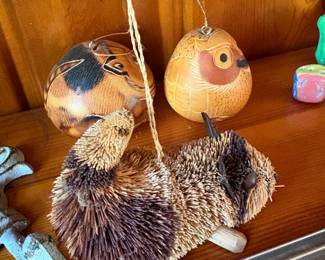 Hand-Painted Gourd Ornaments (Owl and Bird) with Bristle Hedgehog Ornament