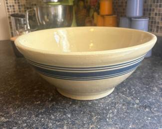 Yellow Ware Mixing Bowl with Blue Stripes