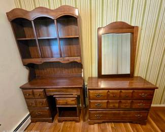 Desk with hitch, dresser, nightstand and mirror bedroom set