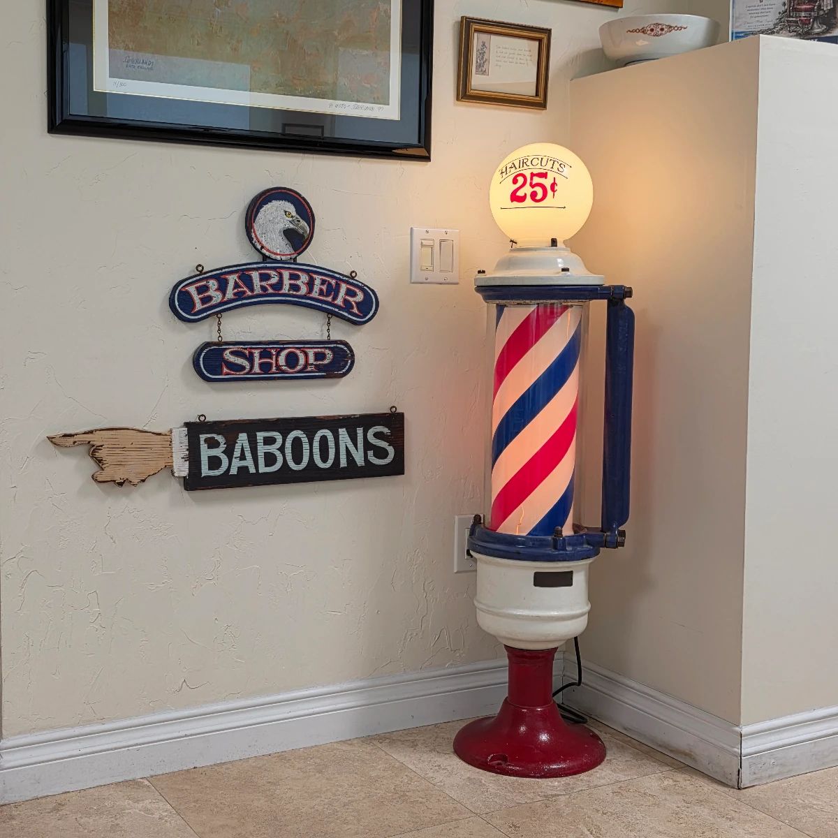 Beautifully restored antque barber's pole - part of a tribute to Dennis "Moto" Suzuki of Wally's Barber Shop in Laguna Beach