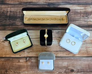 Fine jewelry - 14k gold antique watch and vintage bracelet, 10k gold hoop earrings, gold and pearl earrings