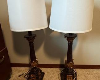 Pair of Ornate Brass and Wood Table Lamps