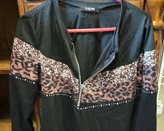 CHICME Women's Leopard Print Zipper Long Sleeve Top