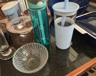 Glass Swirl Bowl and Teal Water Bottle Set
