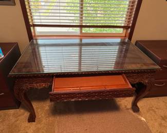 Vintage French Style Carved Writing Desk with Glass Top