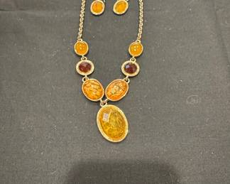 Amber and Garnet Beaded Necklace and Earring Set