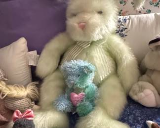 Large Light Green Plush Easter Bunny with Smaller Blue Bear by Chrisha