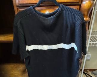 Black Ribbed Knit T-Shirt with White Stripe