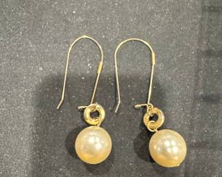 Gold-Tone Pearl Drop Earrings with Textured Ring Detail