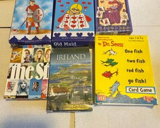 Assorted Card Games Lot (War, Old Maid - Cardinal Premier Edition, Dr. Seuss One Fish Two Fish Red Fish Go Fish!, Ireland Scenic Beauty Playing Cards, The Si)