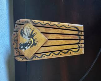 Vintage Wooden Folding Trivet with Rooster and Swirl Design