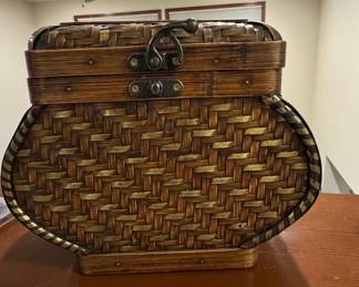 Vintage Woven Bamboo Treasure Chest Box with Metal Trim