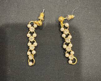 Gold Tone Dangle Earrings with Faux Pearls and Rhinestones - Vintage Style
