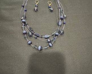 Multi-Strand Blue Bead Necklace and Earring Set