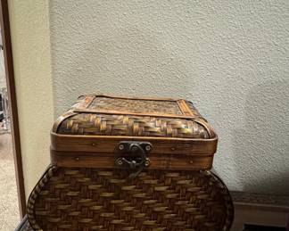 Vintage Woven Bamboo Trinket Box with Brass Clasp